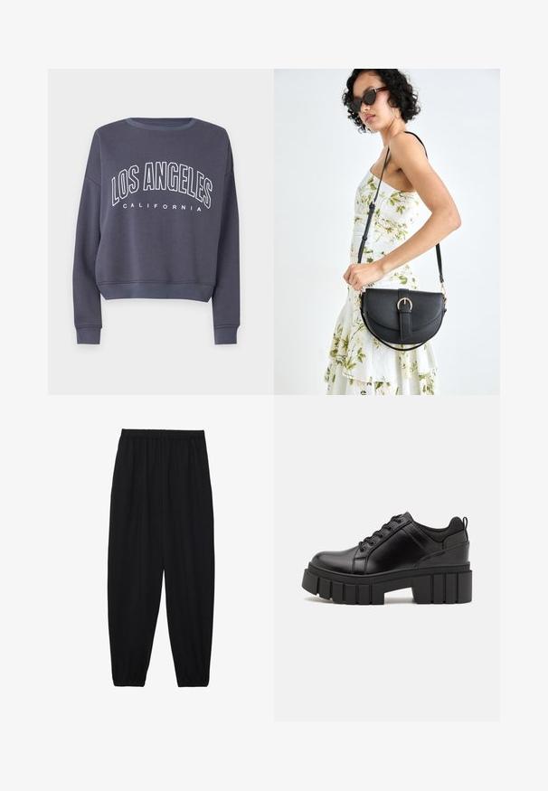 Granatowa, krótkia bluza z białym napisem "LOS ANGELES" oraz "CALIFORNIA" poniżej. Posiada prążkowany dekolt i mankiety, wykonana jest z miękkiego materiału.; Czarne, lekkie spodnie z elastycznym pasem i ściągaczami na kostkach. Materiał jest gładki i ma luźny, zwężany krój.; Czarne skórzane buty na platformie z masywnym słupkowym obcasem, okrągłym noskiem i klasycznym sznurowaniem. Posiadają gładką teksturę i minimalne wykończenia.; Czarna skórzana torebka o zakrzywionym kształcie, z odpinanym paskiem i złotymi akcentami. Torebka posiada klapę z zapięciem w kształcie klamry.