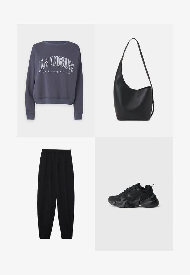 Felpa corta blu marina con testo bianco "LOS ANGELES" e "CALIFORNIA" sottostante. Presenta un colletto e polsini a costine, realizzata in morbido tessuto.; Pantaloni neri leggeri con vita elastica e caviglie arricciate. Il tessuto è liscio e presenta un design rilassato e affusolato.; Sneakers neri con una combinazione di materiali lisci e texturizzati, suole spesse, forma arrotondata e cuciture decorative. Presentano un collare morbido e soffice.; Borsa hobo nera in pelle con una superficie liscia, forma curvata e una singola tracolla regolabile; presenta un'ampia apertura nella parte superiore.