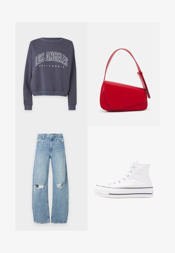 Felpa corta blu marina con testo bianco "LOS ANGELES" e "CALIFORNIA" sottostante. Presenta un colletto e polsini a costine, realizzata in morbido tessuto.; Jeans azzurri chiari a vita alta realizzati in denim. Presentano gambe larghe, due aree strappate sulle ginocchia e il classico styling a cinque tasche.; Sneaker alta in tela bianca con suola in gomma nera, punta in gomma frontale e sei asole per i lacci, caratterizzata da un design pulito e minimalista.; Borsa a tracolla in pelle rossa con un design angolare e geometrico. Presenta una singola tracolla regolabile e una chiusura a patta con dettagli cuciti.