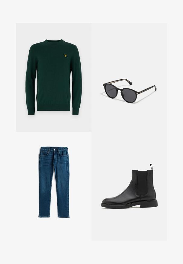 Pulover verde din material moale, cu guler rotund și mâneci lungi. Logo-ul mic auriu reprezentând o vultur pe piept este notabil.; Jeans din denim albastru închis, design drept, stil cu cinci buzunare, cu ușoare semne de uzură și cusături în contrast, închidere cu buton metalic și fermoar.; Botine negre din piele cu textură netedă, cu panouri elastice laterale și un tab pentru a fi tras. Vârf rotund și talpă plată din cauciuc cu uzură minimă.; BOSS Ochelari de soare - black