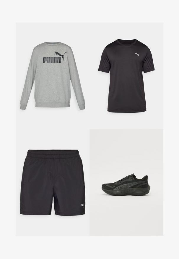 Sweatshirt gri lung cu mânecă lungă, fabricat dintr-un amestec de bumbac, având un logo "PUMA" negru și un grafic cu puma sărind pe față. Mâneci strânse.; Tricou sportiv negru, din material care absoarbe umezeala, cu guler rotund, mâneci scurte, având un mic logo alb pe partea stângă a pieptului.; Şorturi atletice negre cu un brâu elastic, realizate din material ușor, având un logo mic alb pe partea inferioară.; Pantofii sport negri, cu un superior din plasă texturată, șireturi plate și o talpă căptușită cu accente reflectorizante subtile.