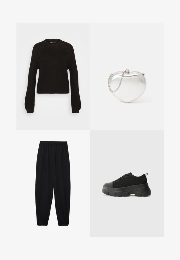 Sweater preto de malha com decote redondo, mangas longas e detalhes intrincados em renda nos ombros. Tecido texturizado e punhos canelados.; Calças pretas, leves, com um cinto elástico e punhos franzidos. O tecido é suave e apresenta um design relaxado e afunilado.; Sneakers pretos com sola de borracha robusta, parte superior de tecido texturizado, bico redondo e design de atacadores. Apresenta ilhós reforçados e uma alça na parte posterior.; Bolsa de mão metálica prateada em forma de coração, com textura lisa, fecho por pressão e corrente prateada.