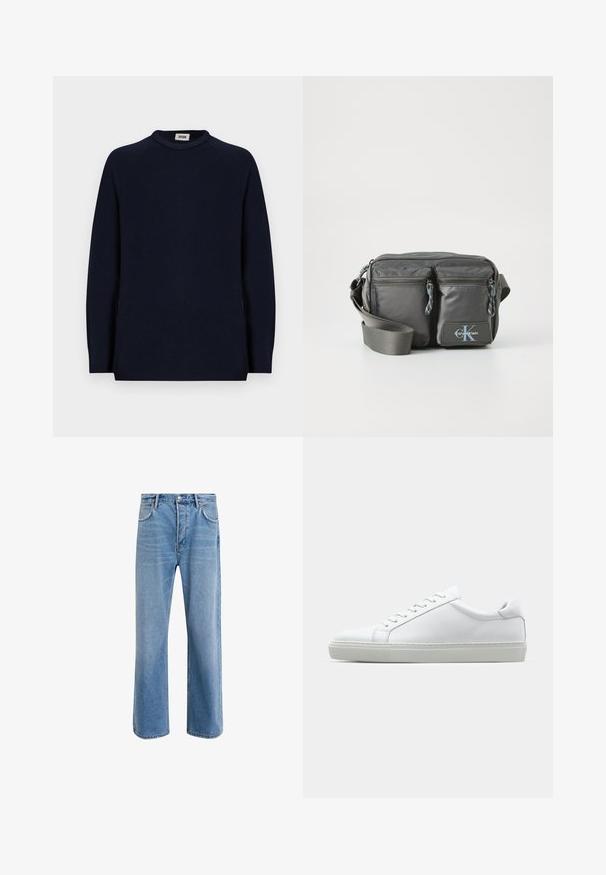 Maglione a maniche lunghe color blu navy con collo a giro e una piccola etichetta bianca all'interno del colletto che riporta la scritta "DRYKORN".; Jeans in denim blu chiaro con design a gamba dritta, cinque tasche, chiusura con bottone, leggero sbiadimento e dettagli di cucitura a contrasto.; Sneaker bianco con tomaia in pelle liscia e profilo basso. Presenta una punta arrotondata, sei occhielli e una suola in gomma testurizzata.; Borsa a tracolla in nylon grigio con due tasche frontali con zip, tracolla regolabile e accentuazione del logo. Texture liscia con un design moderno.