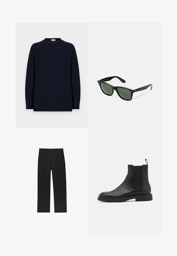 Navyblauwe trui met lange mouwen en ronde hals, met een klein wit label aan de binnenkant van de kraag waarop "DRYKORN" staat.; Zwarte broeken met een recht model, gemaakt van een gladde stof. Voorzien van een voorplooien en een enkele knoopsluiting bij de taille.; Zwarte leren enkelboot met een gladde textuur, elastische zijpanelen en een trekhaak. Ronde neus en platte rubberen zool met minimale profiel.; Zwarte plastic zonnebril met groene lenzen, vierkante montuur, zilveren accent op de wenkbrauw en een gestructureerde tempel. Merken vermeld op de binnenkant van de arm.