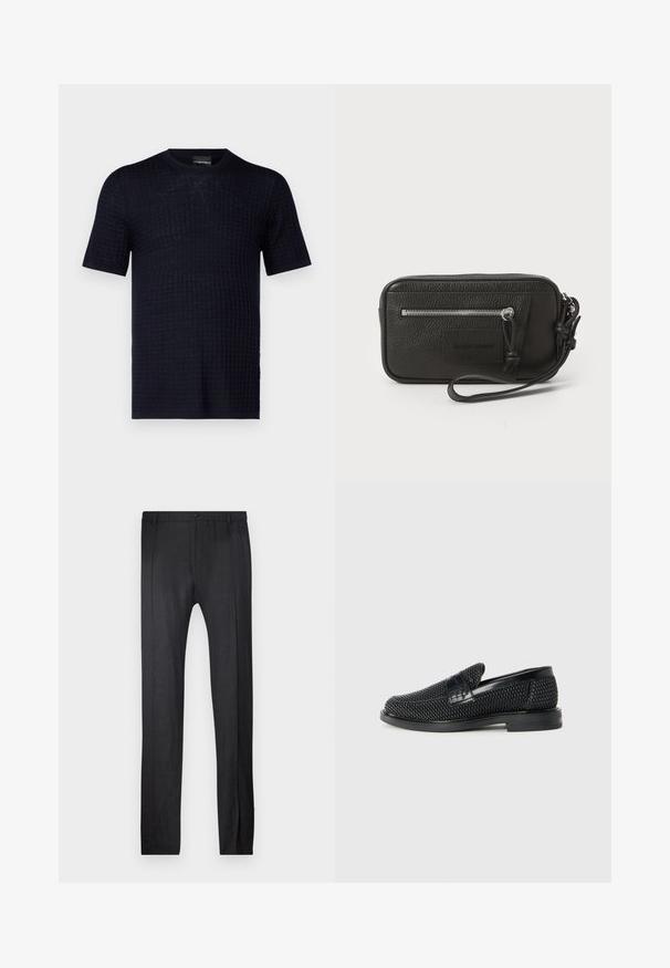 Emporio Armani Džemper - blu acciaio; Emporio Armani TROUSER - Püksid - nero; Must musta kootud slip-on king, millel on pehme nahast accent ülaserval, ümmargune varvas ja madal profiiliga kummitald.; Must musta nahk-käekott tekstureeritud pinnaga, ees suure tõmblukuga tasku ja eemaldatav randmepael. Esiküljel on logo-patch. Ristkülikukujuline.
