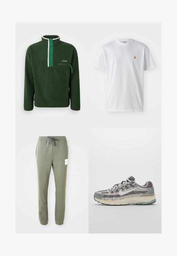 Pullover verde de fleece com gola alta, apresentando um fecho éclair branco em contraste, botões de pressão e um bolso no peito com fecho éclair. Tecido texturizado.; T-shirt branca de algodão com mangas curtas, decote redondo, apresentando um pequeno logótipo dourado na área do peito esquerdo. Textura macia e ajuste regular.; Sweatpants cinzento heather, com cintura elástica, cordão, bolsos laterais, punhos nos tornozelos e um pequeno rótulo branco da marca na coxa direita.; Sapatilha atlética cinza com parte superior em malha e camurça, detalhes brancos, sola acolchoada e um design distinto com elementos refletivos.