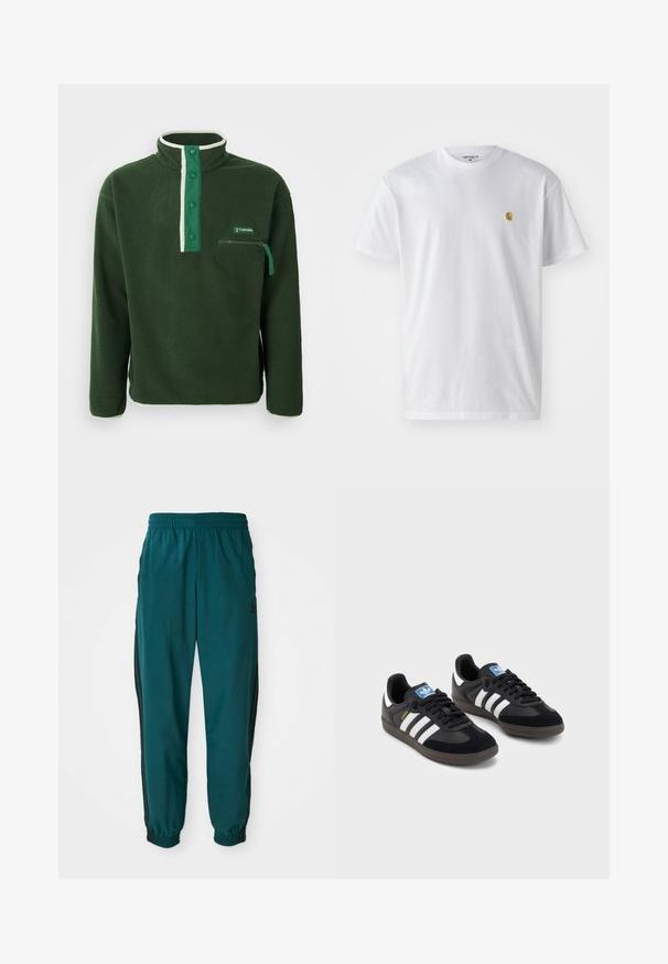 Zelený fleecový svetr s vysokým límcem, který má kontrastní bílý zip, druky a kapsu na zip na hrudi. Texturovaná tkanina.; Bílé bavlněné tričko s krátkým rukávem a kulatým výstřihem, s malým zlatým logem na levé straně hrudi. Měkká textura a klasický střih.; Tyrkysové sportovní kalhoty s šňůrkou v pase, elastickými manžetami a bočními černými pruhy. Vyrobené z lehkého materiálu, s logem poblíž kyčle.; Černé tenisky s vrškem z semiše a syntetického materiálu, s třemi bílými pruhy, texturovanou gumovou podrážkou a modrou nášivkou loga na jazyku.
