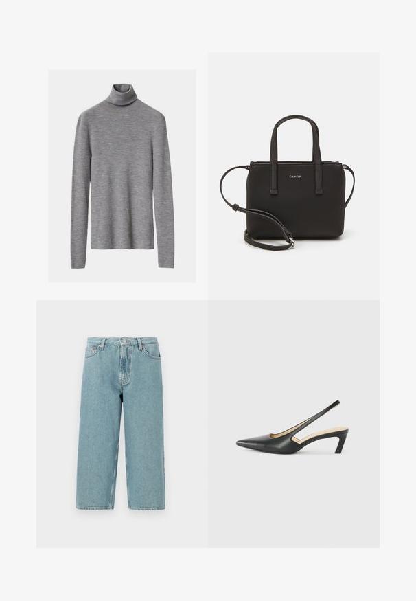 Siv ribast turtleneck pulover z dolgimi rokavi, ki ima prilegan kroj in mehak texture.; Svijetloplavi traper šortsevi s visokim strukom, ravnog kroja i neuređenim rubovima. Imaju klasično zatvaranje na dugme i patentni zatvarač, te četiri džepa.; Črne čevlje s koničastimi nosovi in slingback obliko z nizko peto, izdelane iz gladke usnjene materiale ter s črtasto zasnovo na strani za prezračevanje.; Črna torbica z dvema kratkima ročajema in odstranljivim naramnim trakom. Gladek usnju podoben material z zadrgo in podrobnostmi z logotipom.