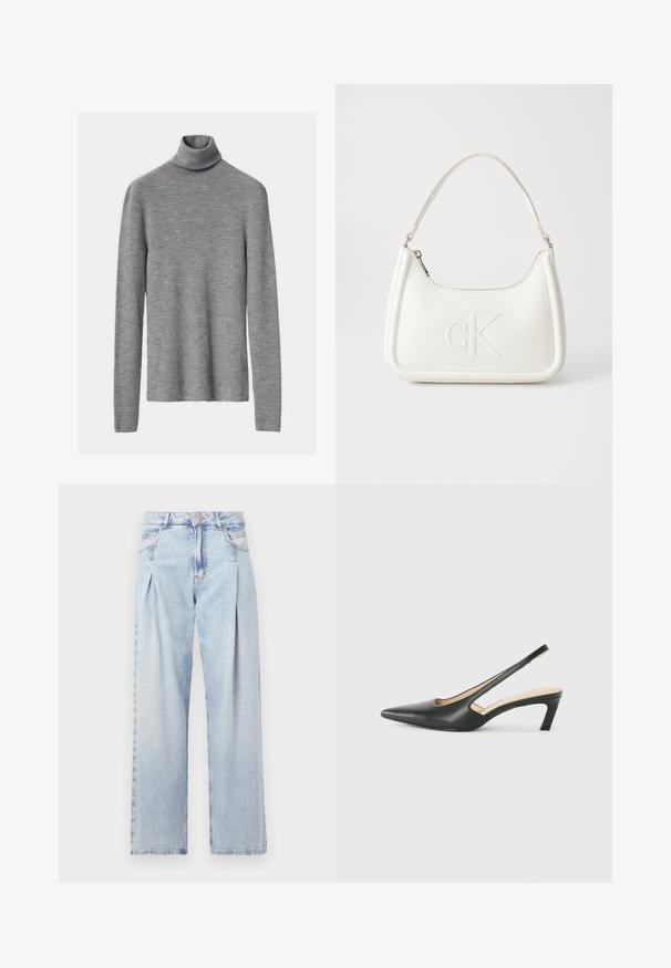 Szary prążkowany sweter z golfem, z długimi rękawami, charakteryzujący się dopasowanym krojem i miękką fakturą.; Jasnoniebieskie dżinsy z wysokim stanem, szerokimi nogawkami, dwoma bocznymi kieszeniami oraz plisowanym wzorem. Miękka tekstura z wyblakłym wykończeniem.; Czarny but na obcasie typu slingback z ostro zakończonym noskiem, z niskim obcasem, wykonany z gładkiej skóry, z wycięciem po boku dla lepszej wentylacji.; Biała skórzana torebka o zaokrąglonym kształcie, z wytłoczonym logo "CK" z przodu i pojedynczym paskiem na ramię. Zapięcie na zamek z góry.