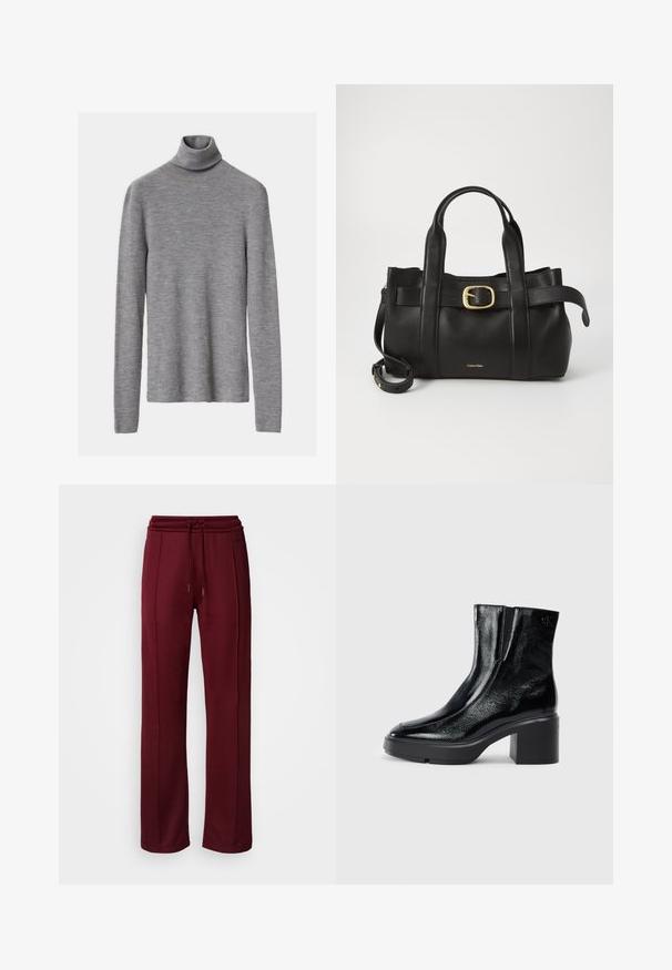 Maglione grigio a collo alto con costine, maniche lunghe, caratterizzato da una silhouette aderente e una morbida texture.; Pantaloni tuta color bordeaux con vita elastica, chiusura con cordino e cuciture laterali. Realizzati in un tessuto morbido e elasticizzato. Adatti per un look casual.; Stivali alla caviglia in pelle verniciata nera con punta curva, pannelli laterali elasticizzati e tacco robusto. Presentano un logo impresso sul retro.; Borsa a mano in pelle nera con un design strutturato, doppie maniglie superiori, accentuazione in metallo dorato e logo del marchio in rilievo sul davanti.