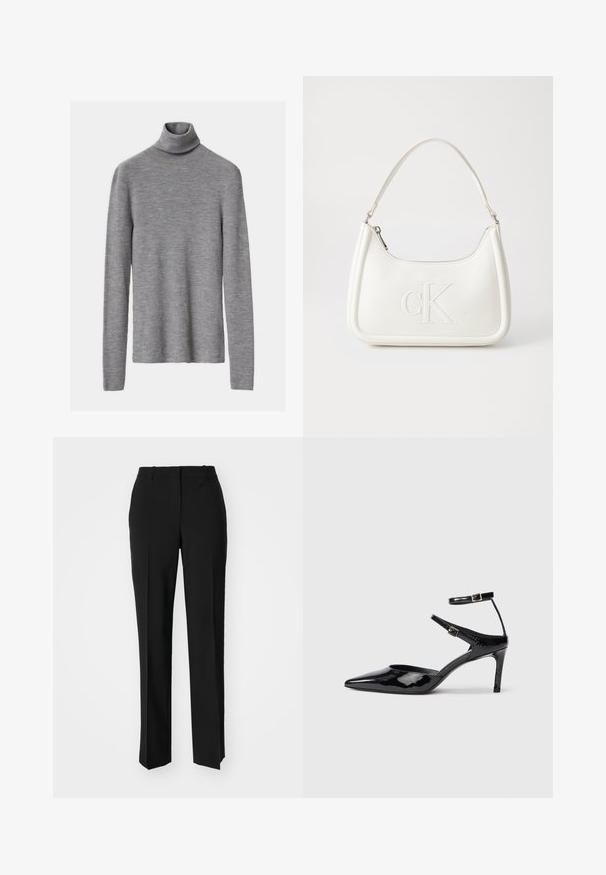 Grijze geribbelde coltrui met lange mouwen, met een getailleerde pasvorm en een zachte textuur.; Zwarte op maat gemaakte broek met een recht model, voorzien van een soepele textuur en scherpe plooien aan de voorkant. Geen zichtbare hardware.; Zwarte laarzen van gepatenteerd leer met een spitse neus, verstelbare enkelbandjes en een slanke hak. Gladde textuur met een glanzende afwerking.; Witte lederen handtas met een gebogen vorm, voorzien van een reliëf "CK" logo aan de voorkant en een enkele schouderriem. Ritsluiting aan de bovenkant.