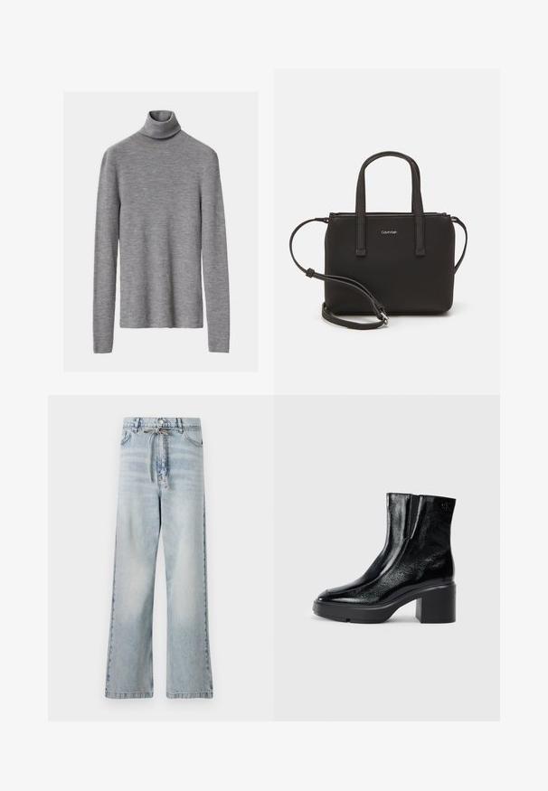 Siv ribast turtleneck pulover z dolgimi rokavi, ki ima prilegan kroj in mehak texture.; Svetlo modre široke kavbojke iz denima, ki imajo visok pas, sprednje žepe in detajl z vrvico pri pasu. Imajo obrabljen videz.; Črne lakirane gležnjarje z ukrivljenim nosom, elastičnimi stranskimi paneli in debelim blokastim peto. Imajo vtisnjen logotip na zadnjem delu.; Črna torbica z dvema kratkima ročajema in odstranljivim naramnim trakom. Gladek usnju podoben material z zadrgo in podrobnostmi z logotipom.
