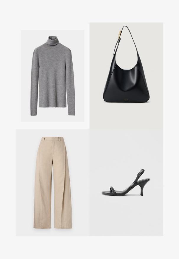 Gray ribbed turtleneck sweater with long sleeves, featuring a fitted silhouette and soft texture.; Beige linen wide-leg trousers with a high waist, featuring a smooth texture and clean lines, designed for a relaxed fit.; Black leather high-heeled sandals with a slim, curved heel and a crossed strap design. Adjustable ankle strap. Smooth texture.; Black leather shoulder bag with a smooth texture, curved silhouette, and a gold hardware accent. Features embossed brand logo at the base.