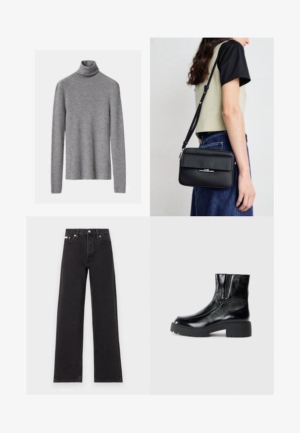 Grijze geribbelde coltrui met lange mouwen, met een getailleerde pasvorm en een zachte textuur.; Zwarte wijde spijkerbroeken van denim, met een hoge taille, vijf-pocket stijl en een metalen knoopsluiting met contrasterende stiksels.; Zwarte enkellaarsjes met een glanzende lakleren afwerking, chunky zwarte rubberen zool en verhoogde hak; inclusief subtiele logo-detail aan de zijkant.; Calvin Klein LINEAR CAMERA BAG - Schoudertas - black