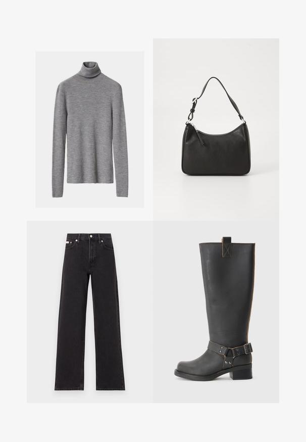 Gray ribbed turtleneck sweater with long sleeves, featuring a fitted silhouette and soft texture.; Black wide-leg jeans made of denim, featuring a high-rise waist, five-pocket styling, and a metal button closure with contrasting stitching.; Black leather knee-high boot with a textured finish, featuring a side buckle accent and a low heel. Detailed stitching along the seams.; Black leather handbag with a curved shape, a single strap, zip closure, and subtle branding on the front. Smooth texture, minimalist design.