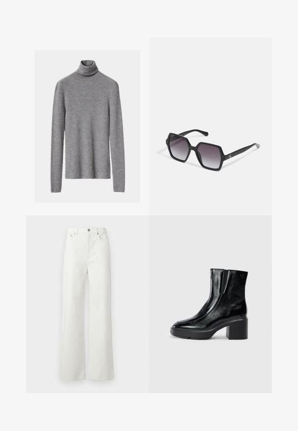 Siv ribast turtleneck pulover z dolgimi rokavi, ki ima prilegan kroj in mehak texture.; Samsøe Samsøe SHELLY - Široke kavbojke - clear cream; Črne lakirane gležnjarje z ukrivljenim nosom, elastičnimi stranskimi paneli in debelim blokastim peto. Imajo vtisnjen logotip na zadnjem delu.; Črne heksagonalne sončna očala z gradientnimi lečami, s sijočo površino in diskretnim logotipom na robu. Trajna plastična zasnova.