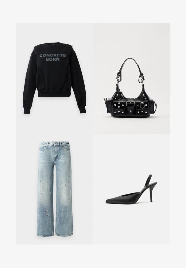 Sweatshirt preto de mangas compridas com punhos e bainha canelados, apresentando texto cinza em destaque "CONCRETE BORN" no centro da frente.; Jeans de perna larga azul claro, feitos de denim, apresentando um efeito de cor gradiente e ornamentos de strass prateados em um padrão vertical.; Sapatos de salto aberto pretos com biqueira afiada, material de couro suave e um design elegante e minimalista. Salto alto de agulha.; Bolsa de couro preta com um design curvado, apresentando tachas prateadas, uma fivela e dois bolsos laterais. Alça ajustável para opções de transporte.