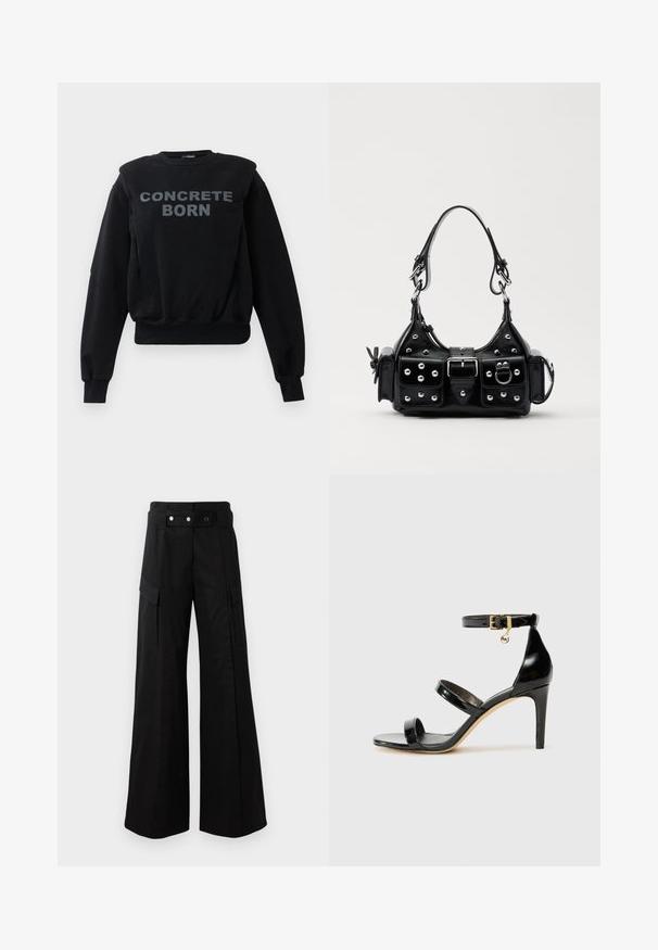 Černá mikina s dlouhým rukávem a žebrovanými manžetami a lemem, s výrazným šedým nápisem "CONCRETE BORN" na přední straně.; Černé kalhoty s širokými nohavicemi a vysokým pasem, které mají velké boční kapsy, dva přední knoflíky a detail v podobě poutka. Vyrobeno z pevné látky.; Černé lakované kožené sandály se třemi pásky, sponou na kotníku a 10 cm jehlovým podpatkem. Obsahují zlaté kovové detaily a logo přívěsek.; Černá kožená kabelka s křivkovým designem, zdobená stříbrnými hřebíky, s přezkou a dvěma bočními kapsami. Nastavitelný popruh pro různé možnosti nošení.