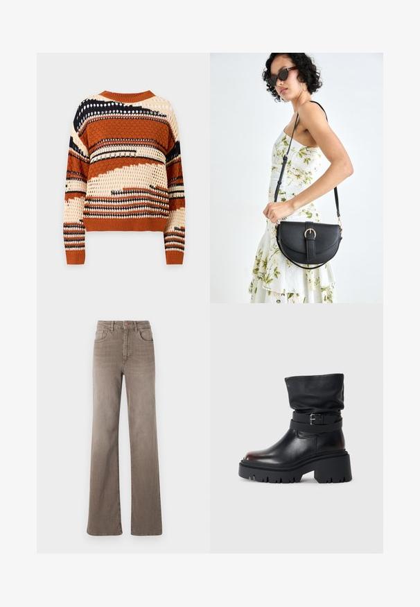 VILA VIFILINA O NECK - Pulóver - birch/black/brown; Barna, magas derekú, egyenes szárú farmernadrág elülső gombbal, övhurkokkal és klasszikus öt zsebes kialakítással, fehér háttér előtt.; Fekete bőr bokacsizma laza felső résszel, csattal díszítve és vastag, strapabíró talppal. Kerek orrú és sima textúrájú.; Fekete bőrtáska ívelt formával, levehető pánttal és arany színű fémrészekkel. A táskán egy csattal díszített fedél található.