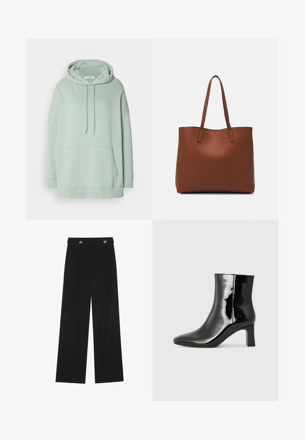 Mint green hooded sweatshirt with a relaxed fit, front kangaroo pocket, and drawstring detailing. Made of soft textile material.; Black wide-leg trousers with high waist, button details on waistband, and front pleats.; Black patent leather ankle boot with a pointed toe and a mid-height block heel. Smooth texture and minimalist design.; Brown leather tote bag with a smooth texture, open top design, and two shoulder straps. Features minimal stitching and no visible hardware.