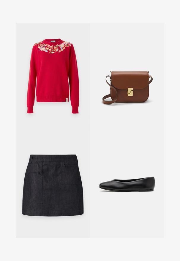 Crvena pletena pulover s cvjetnim vezom oko izreza. Rebrasti manžeti i donji rub, s oznakom loga na donjoj strani.; Tamni traper suknja ravnog kroja, s dva prednja džepa i suptilnom teksturom. Čista rubna linija i klasičan dizajn struka.; Paul Smith TOPANGA - Balerinke - black; Smeđa kožna torba s preklopom, zlatnim detaljima, remenom za nošenje preko ramena i glatkom teksturom. Kompaktni pravokutni oblik.