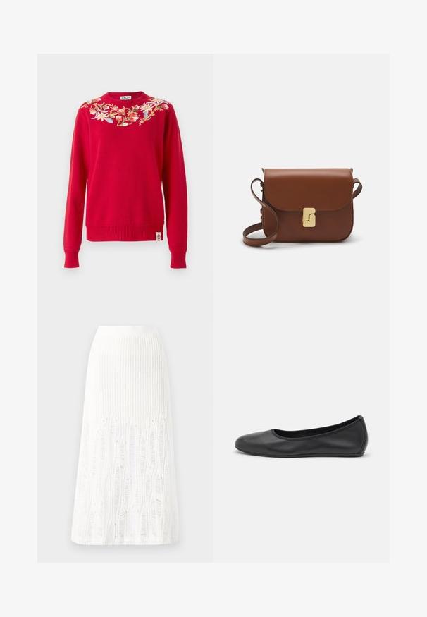 Maglione rosso lavorato a maglia con ricami floreali attorno al collo. Polsini e orlo a coste, con etichetta del marchio sul lato inferiore.; Gonna midi bianca in maglia con un motivo testurizzato a righe verticali e dettagli a taglio vicino all'orlo. Vita elasticizzata. Materiale morbido.; Pantofole da balletto nere in pelle con punta arrotondata, texture liscia, dettagli di cucitura minimi e design con suola flessibile.; Borsa a tracolla in pelle marrone con chiusura a pattina, hardware color oro, tracolla e una finitura liscia. Forma rettangolare compatta.