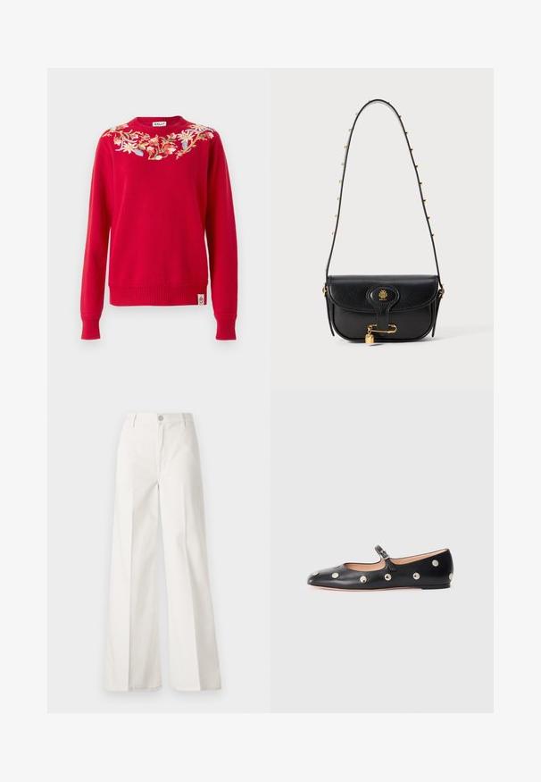 Maglione rosso lavorato a maglia con ricami floreali attorno al collo. Polsini e orlo a coste, con etichetta del marchio sul lato inferiore.; Pantaloni bianchi a gamba larga realizzati in cotone con una texture liscia. Presentano un bottone anteriore, una zip e un design a quattro tasche.; Scarpa flat nera in pelle tipo Mary Jane con punta arrotondata, caratterizzata da borchie circolari argentate e una fascia regolabile con fibbia.; Borsa a tracolla in pelle nera con un design strutturato, dotata di un logo dorato, un accento a forma di lucchetto e una tracolla decorata con catena.