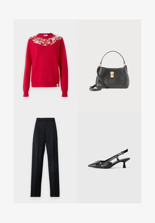 Red knitted sweater featuring floral embroidery around the neckline. Ribbed cuffs and hem, with a logo tag on the lower side.; Black trousers made from smooth fabric featuring a high waist, wide legs, front pleats, and classic belt loops. No side pockets visible.; Black leather slingback shoe with a pointed toe, decorative straps featuring metal eyelets, and a low block heel. Textured surface.; Black leather handbag with a textured finish, featuring a gold lock closure, short handle, and a detachable shoulder strap.