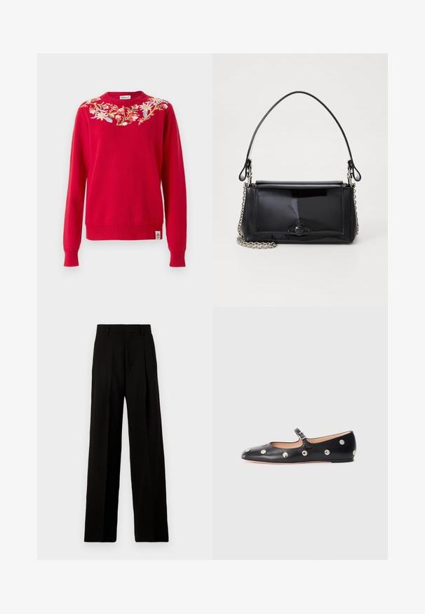 Maglione rosso lavorato a maglia con ricami floreali attorno al collo. Polsini e orlo a coste, con etichetta del marchio sul lato inferiore.; Pantaloni neri a gamba larga realizzati in tessuto morbido, con vita alta, pieghe frontali e un design pulito e sartoriale senza decorazioni.; Scarpa flat nera in pelle tipo Mary Jane con punta arrotondata, caratterizzata da borchie circolari argentate e una fascia regolabile con fibbia.; Borsa a tracolla in vernice nera con forma rettangolare, tracolla a catena e un distintivo accessorio in metallo al centro. Texture liscia.