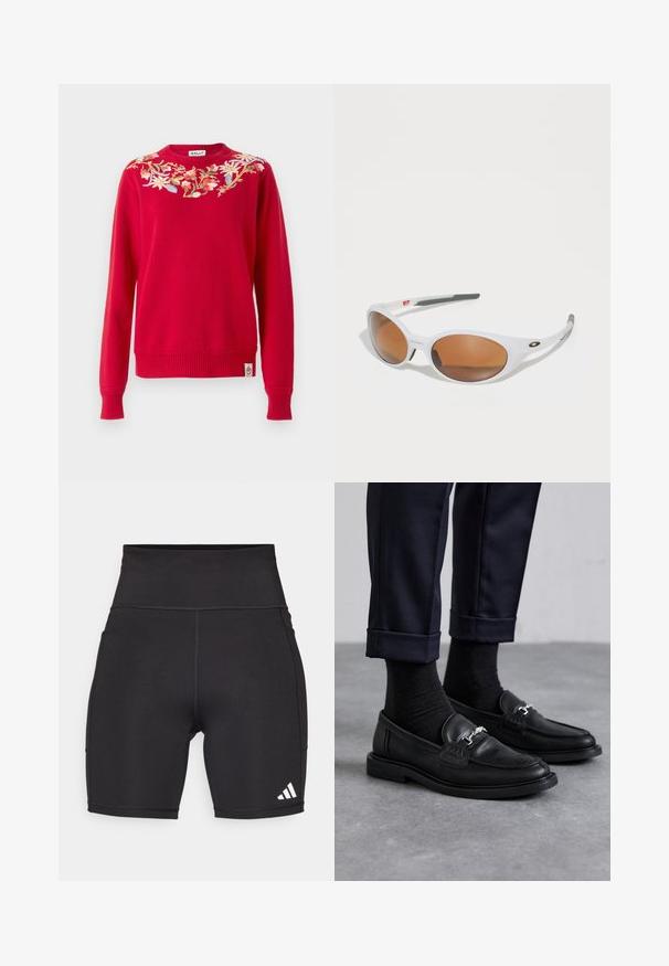 Piros kötött pulóver, virágmintás hímzéssel a nyak körül. Rugalmas mandzsetták és szegély, logós címkével az alsó részen.; Fekete sportos rövidnadrág, rugalmas anyagból készült. Magas derék, középhosszú, az alsó bal oldalon fehér háromcsíkos logóval.; Fekete bőr loaferek, texturált felülettel, ezüst részletekkel, sötét zoknival és felhajtott kék nadrággal párosítva.; Fehér napszemüveg barna lencsékkel, ovális forma, sima műanyagból készült, szürke díszítéssel a szárakon és logóval a kereten.; Átlátszó műanyag vászontáska, színes grafikával, amely pálmafákat, egy retró autót és egy fürdőruhás nőt ábrázol, felirata: "FIORUCCI."