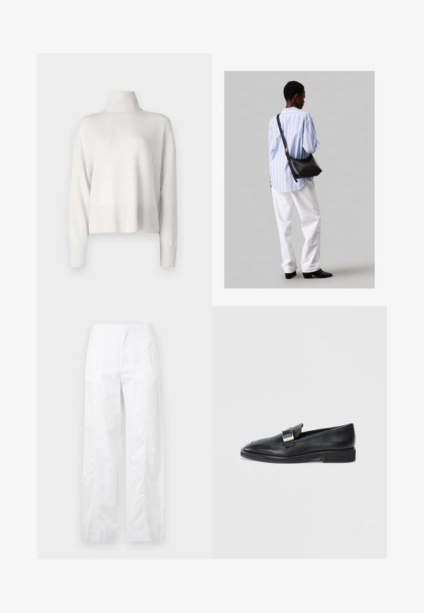 Valge kudumiga kõrge kaelusega soe pusa, millel on lõdva lõikega, pikad varrukad ning ribakudumisest mansetid ja alläär. Sile tekstuur, kerge materjal.; Valged laiad püksid, mis on valmistatud kergetest materjalidest, omades siledat tekstuuri, puhtaid jooni ja kõrget vöökohta.; Must musta loafer musta silma ristkülikukujuline pandla peal ja madal konts valgel taustal.; Must have mustras alasi nahkpatsi, pehme tekstuuriga, kolmnurkse kujuga ja reguleeritava rihmaga, koos helesinise triibulise särgi ja valgete pükstega.