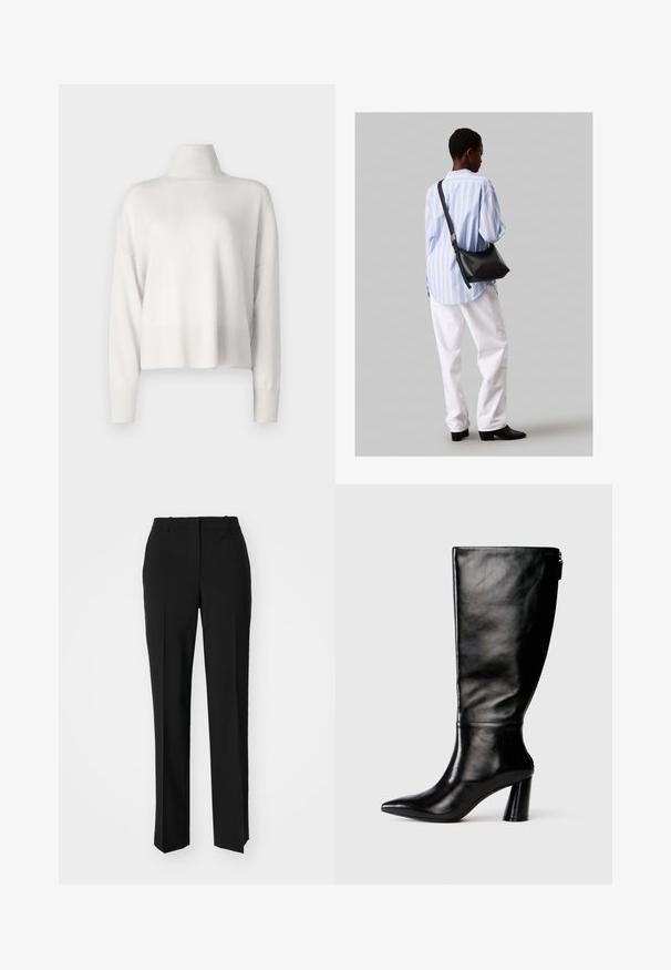 Fehér kötött garbós pulóver, laza szabással, hosszú ujjakkal, bordázott mandzsettákkal és szegéllyel. Sima textúrájú, könnyű anyag.; Fekete, testhezálló nadrág egyenes szárú kivitelben, sima textúrával és éles redőkkel az elején. Nincs látható fémalkatrész.; Térd fölé érő fekete bőr csizma hegyes orral, sima felülettel és vastag sarkal. A hátsó részen cipzár részlet található.; Fekete bőr válltáska puha tapintással, háromszög alakú, állítható pánttal, világoskék csíkos inggel és fehér nadrággal párosítva.