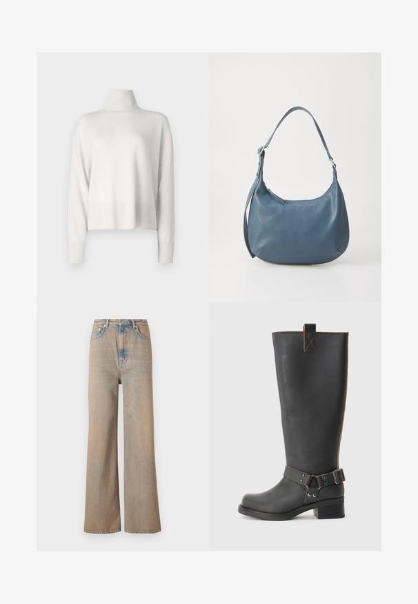 Pull en maille blanche à col roulé avec une coupe décontractée, des manches longues et des poignets et un ourlet côtelés. Texture lisse, matériau léger.; Jean large en délavé clair à taille haute, en denim. Comprend des coutures discrètes et cinq poches, avec une texture légèrement décolorée.; Bottes noires en cuir, montantes jusqu'au genou, avec une finition texturée, présentant une boucle sur le côté et un talon bas. Couture détaillée le long des coutures.; Sac à main en cuir bleu avec une forme arrondie, une seule bandoulière, fermeture zippée et nom de la marque en relief sur le devant. Texture lisse.