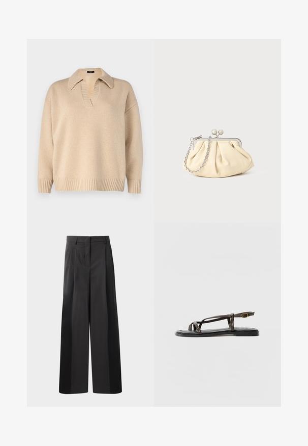 Weekend Max Mara AGRE - Vesta - sabbia; Crne široke hlače s visokim strukom, s prednjim nabranim detaljima, glatkom teksturom i krojenim završetkom. Dizajnirane za opušteni kroj.; Smeđe kožne sandale s križnim trakama, podesivom kopčom oko gležnja, ravnim potplatom i glatkom teksturom na ulošku.; Nabrana bež kožna torbica s srebrnim metalnim okvirom, koja sadrži dva okrugla dekorativna kopčanja i srebrnu lančanu naramenicu.