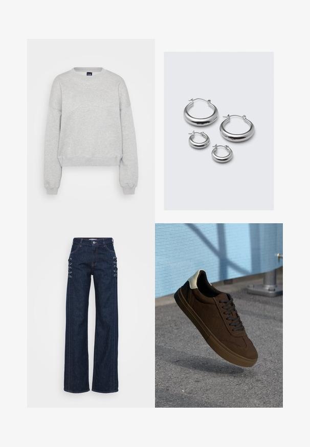 Svetlo šedý skrátený sveter s rebrovanými manžetami a lemom. Má jemne embosované logo na hrudi a okrúhly výstrih.; Tmavomodré denimové nohavice so širokými nohavicami, ktoré majú čipkované akcenty na stranách, kontrastný oranžový šev a klasický dizajn s piatimi vreckami.; Hnedé semišové nízke tenisky s čiernymi šnúrkami, vybavené bielou pätou a textúrovanými švami. Gumená podrážka.; Štyri páry strieborných kruhových náušníc rôznych veľkostí: veľké hladké kruhy a menšie zaoblené štýly s lešteným povrchom a jednoduchými sponami.