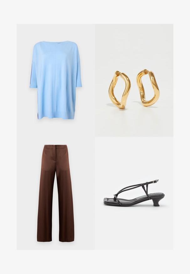 Jasnoniebieski sweter z krótkim rękawem o luźnym fasonie, z prążkowanymi akcentami na rękawach i bocznymi rozcięciami u dołu, które dodają tekstury.; Biała bluzka o luźnym kroju z długimi rękawami, kołnierzykiem i detalem związania z przodu. Wykonana z gładkiego materiału o lekko usztywnionej strukturze.; Brązowe spodnie o szerokich nogawkach wykonane z gładkiego, lekkiego materiału, z płaskim przodem, bez kieszeni i prostym krojem.; Czarne skórzane sandały z cienkimi paskami, niskim blokowym obcasem i kwadratowym noskiem. Posiadają zapięcie na klamrę i gładką teksturę.; Złote kolczyki w kształcie obręczy o zakrzywionym, nieregularnym kształcie oraz gładkiej, wypolerowanej powierzchni. Brak widocznych elementów sprzętowych lub akcentów.