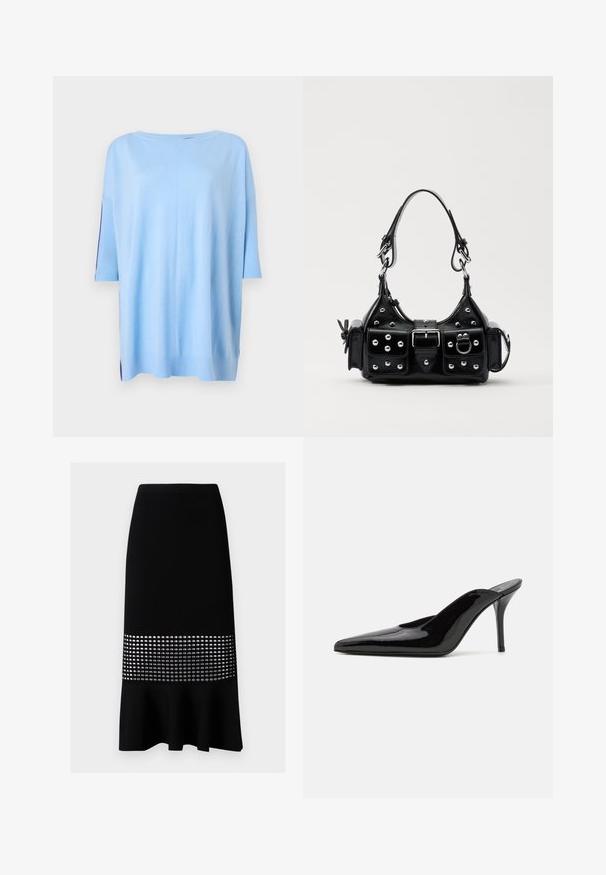 Light blue short-sleeve sweater with a loose fit, ribbed accents on the sleeves, and side slits at the hem for added texture.; Black ribbed knit pencil skirt with a flared bottom and a midsection of silver circular cutouts. Smooth texture, fitted design.; Black patent leather high-heeled mule with a pointed toe and a sleek silhouette, featuring an open back and a slender stiletto heel.; Black leather handbag with a curved design, featuring silver studs, a buckle, and two side pockets. Adjustable strap for carrying options.