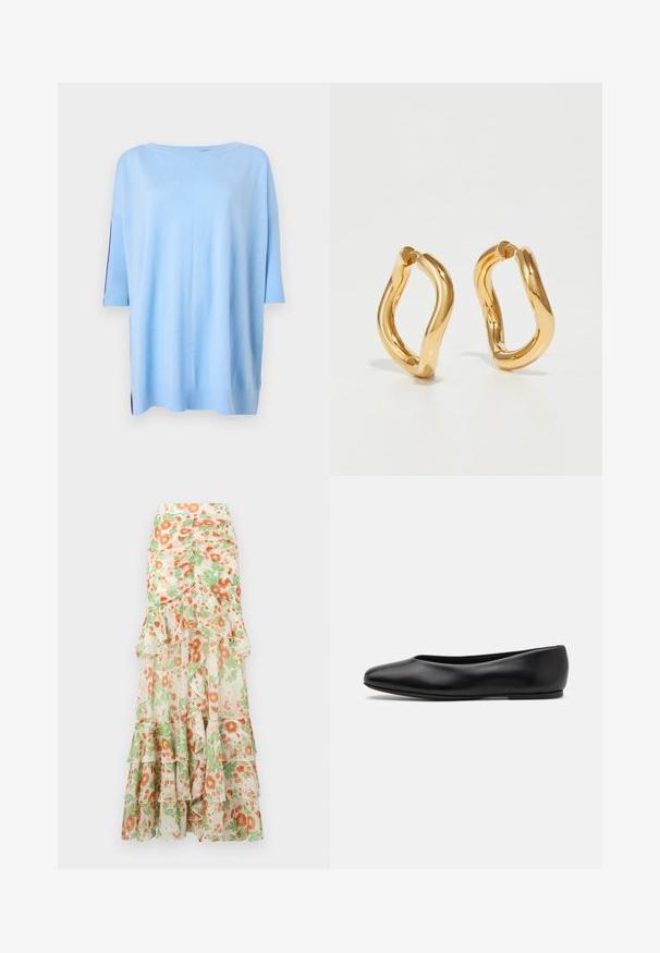 Pulover scurt cu mânecă scurtă de culoare albastru deschis, cu o croială lejeră, accente ribbrate la mâneci și slituri laterale la tiv pentru un plus de textură.; Fustă maxi florală cu un fundal crem, print cu flori portocalii și verzi, straturi cu volane și un design cu talie ajustată.; Paul Smith TOPANGA - Balerini - black; Cercei din aur cu un design curbat, neregulat și o textură netedă și lustruită. Fără accesorii sau elemente vizibile.