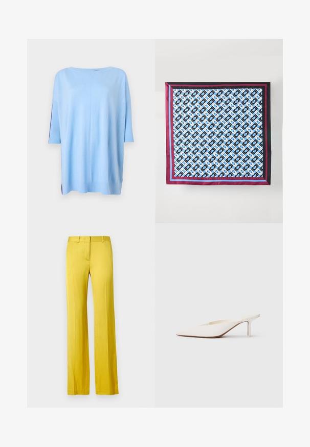 Lichtblauwe trui met korte mouwen en een losse pasvorm, met geribbelde accenten op de mouwen en zijsplitten aan de zoom voor extra textuur.; Wijd uitlopende broek in felgeel, gemaakt van gladde stof. Voorzien van een voorzak en een getailleerde tailleband voor een gestructureerde uitstraling.; Witte muiltjes met spitse neus en een lage stilettohak. Gemaakt van glad materiaal met een minimalistisch ontwerp en subtiele tan kleurige zooldetails.; Zijde sjaal met een herhalend blauw en zwart patroon op een witte achtergrond, omrand met kastanjebruine en blauwe strepen langs de randen.