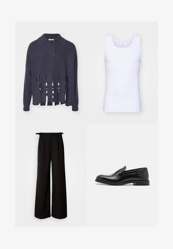 Tamsiai mėlynas megztinis su horizontaliomis atviromis plyšiais apatinėje dalyje, tekstūruotas apykaklė ir riešai. Jungiasi laisvas kirpimas ir tekstūruota medžiaga.; Balti medvilninė be rankovių marškinėliai su apvaliu iškirpimu, pasižymintys lygiu tekstūru ir prigludusia forma, skirti kasdieniam dėvėjimui.; Juodi plačios kojinės kelnės su aukštu liemeniu, puoštais klostėmis ir rišamais akcentais šonuose, pagamintos iš lygaus, struktūruoto audinio.; Juodos odinės loafers, turinčios lygų paviršių, apvalią noselę ir dekoratyvinę juostą per priekinę dalį. Žemas krentantis kulnas, minimalistinis dizainas.