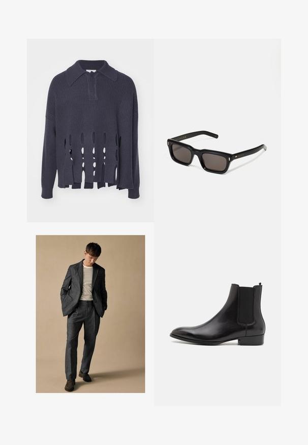 Tummansininen neulepusero, jossa on avoimia vaakasuoria halkioita helman kohdalla, ribbireunus kauluksessa ja hihoissa. Ominaisuuksiin kuuluu rento istuvuus ja teksturoitu materiaali.; Harmaa muotopuku, jossa on kaarrettu läppä ja etutaskut, yhdistettynä raidalliseen kauluspaitaan. Housuissa on rento istuvuus ja taitetut yksityiskohdat. Ruskeat kengät.; ALDO BERT - Klassiset nilkkurit - black; Mustat suorakulmaiset aurinkolasit tummilla linsseillä, paksu muovikehys, kultaiset korostukset temppeleissä ja brändin logo kaiverrettuna varteen.