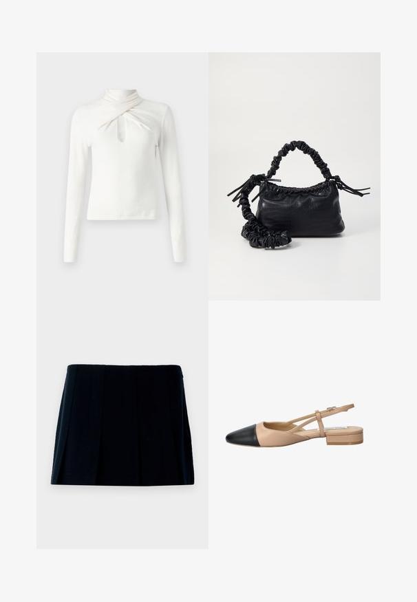 Haut à manches longues blanc en tissu doux, présentant un col torsadé et un détail en forme de clé sur le devant. Texture lisse, coupe ajustée.; Jupe mini plissée noire en tissu. Elle possède une taille droite et plusieurs plis verticaux pour la forme et la texture.; Chaussure à bride arrière bicolore beige et noire avec un bout pointu, un talon plat et un détail de sangle croisée. Texture en cuir lisse.; Sac à main en simili cuir noir avec une texture crocodile, un dessus resserré et une sangle froncée. A l'apparence douce et compacte.