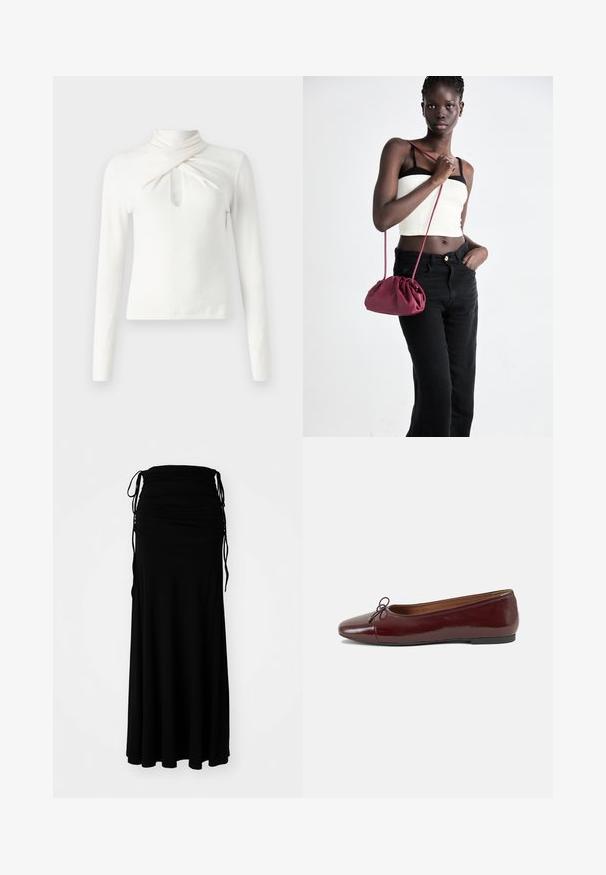 White long-sleeve top made of soft fabric, featuring a twisted neckline and a keyhole detail at the front. Smooth texture, fitted design.; Black, ankle-length dress made of soft, stretchy fabric with a ruched bodice and adjustable ties on the sides, creating a flowing silhouette.; Burgundy patent leather ballet flat with a rounded toe, small bow accent at the front, and a low, black rubber sole. Smooth texture.; Burgundy soft fabric handbag with a gathered design and a long strap, worn crossbody. Model wears a white crop top and black jeans.