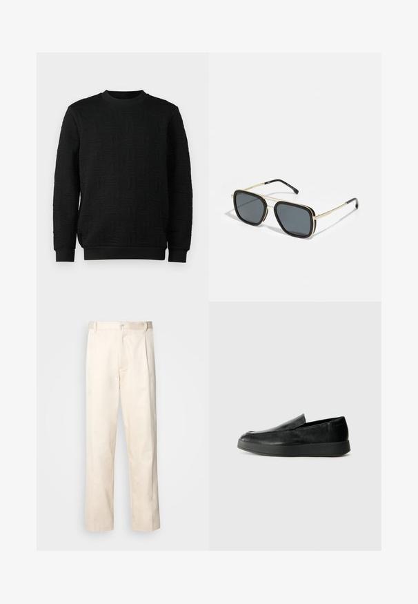 JOOP! Jeans ANTAIOS - Camisola - black; Calças de algodão bege com corte reto, apresentando um fecho de botão e pregas na frente para um detalhe adicional.; Calvin Klein HYBRID CUP - Sapatos sem atacadores - triple black; Óculos de sol pretos e dourados com formato quadrado, armação metálica, lentes cinza-escuras e ponteiras pretas. Apresenta um design de ponte dupla.