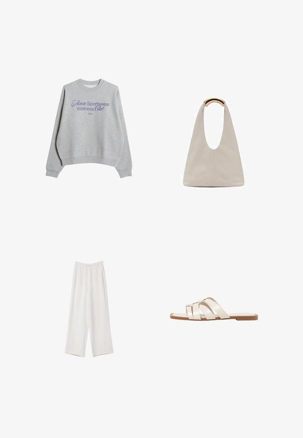 Šedá mikina vyrobená z bavlněné směsi, s kulatým výstřihem, spuštěnými rameny a modrým potiskem: "Amin' Sportswear Wellness Club 2013."; Bílé široké kalhoty vyrobené z lehké tkaniny. Mají elastický pas se šňůrkou a boční kapsy. Hladká textura.; Ploché sandály s hnědou gumovou podrážkou, navržené se třemi překrývajícími se bílými koženými řemínky a malým mašlí uprostřed.; Světlá šedá kožená taška s U-tvarovaným designem a zakřivenou kovovou rukojetí. Hladký povrch s minimálním šitím a bez viditelných vzorů.