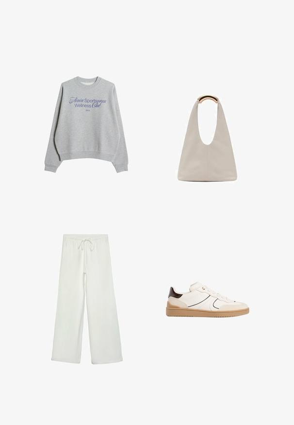 Sivi dukserica od pamuka s dodatkom, s okruglim izrezom, spuštenim ramenima i plavim otisnutim tekstom: "Amin' Sportswear Wellness Club 2013."; Bijele hlače širokog kroja od mekog materijala. Imaju elastični pojas s vezicom i glatku teksturu. Nema vidljivih uzoraka ili metalnih dijelova.; Stradivarius Tenisice - white; Svijetlosivi kožni torba s oblikom u slovo U i zakrivljenim metalnim drškom. Glatka tekstura s minimalnim šavovima i bez vidljivih uzoraka.