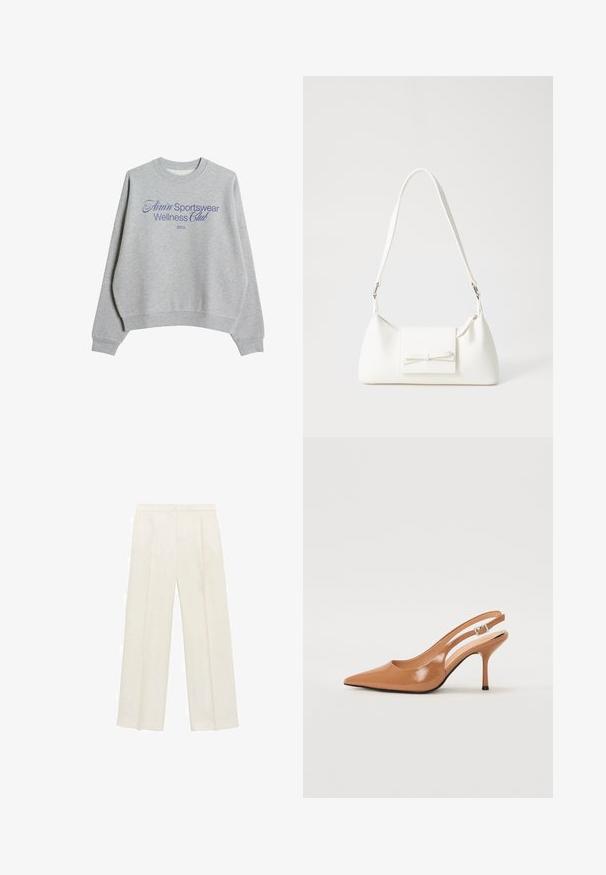 Grijze sweatshirt van een katoenmix, met een ronde hals, verlaagde schouders en blauwe opdruk: "Amin' Sportswear Wellness Club 2013."; Wijdgevallen broeken in een lichtcrème kleur. Gemaakt van een zachte stof met plooien aan de voorkant en zijzakken.; Puntige slingback hak in een glad, glanzend beige materiaal. Bevat een gebogen uitsnijdontwerp en een slanke stiletto hak. Zilveren gesp detail.; Witte synthetische handtas met een driehoekige vorm, platte voorklep en strikdetail, verstelbare schouderriem, gladde textuur en minimalistisch ontwerp.