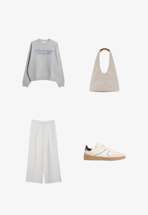 Szara bluza z bawełny z domieszką, z okrągłym dekoltem, opadającymi ramionami i niebieskim nadrukiem: "Amin' Sportswear Wellness Club 2013."; Białe szerokie spodnie wykonane z lekkiego materiału, z elastyczną talią i sznurkiem do regulacji fasonu. Gładka tekstura.; Stradivarius - Sneakersy niskie; Jasnoszara skórzana torba o kształcie litery U z zakrzywionym metalowym uchwytem. Gładka tekstura z minimalnymi szwami i bez widocznych wzorów.