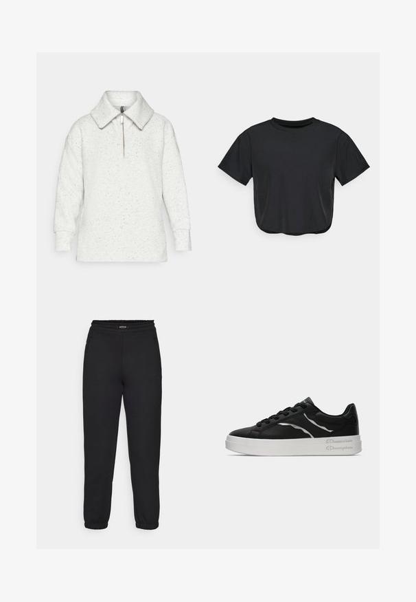 Sveter v svetlosivej farbe s textúrovaným vzorom. Má široký golier, polozipsový uzáver a dlhé rukávy s priliehajúcimi manžetami.; Čierne skrátené tričko vyrobené z jemného materiálu, s okrúhlym výstrihom, krátkymi rukávmi a voľným strihom. Jemné detaily šitia.; Champion C-TECH CUFFED PANTS INTERLOCK - Tepláky - black; Čierne kožené tenisky s bielou podrážkou, s tenkými striebornými akcentmi a viazaním. Hladký povrch s logom na päte.