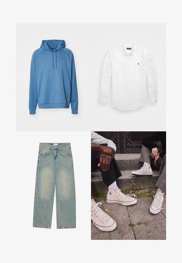 Sweat à capuche bleu en tissu doux, avec un design simple, des manches raglan longues et un petit logo sur la poitrine.; Chemise blanche à manches longues en coton avec un col boutonné, affichant un petit logo marine sur la poitrine gauche et un système de fermeture classique par boutons.; Jeans large en denim bleu clair, dotés de deux poches avant, d'une fermeture à bouton et d'un effet délavé avec des coutures visibles.; Baskets montantes en toile beige avec rayure rouge, semelle en caoutchouc blanc et œillets en métal, arborant un logo étoile emblématique sur le côté.